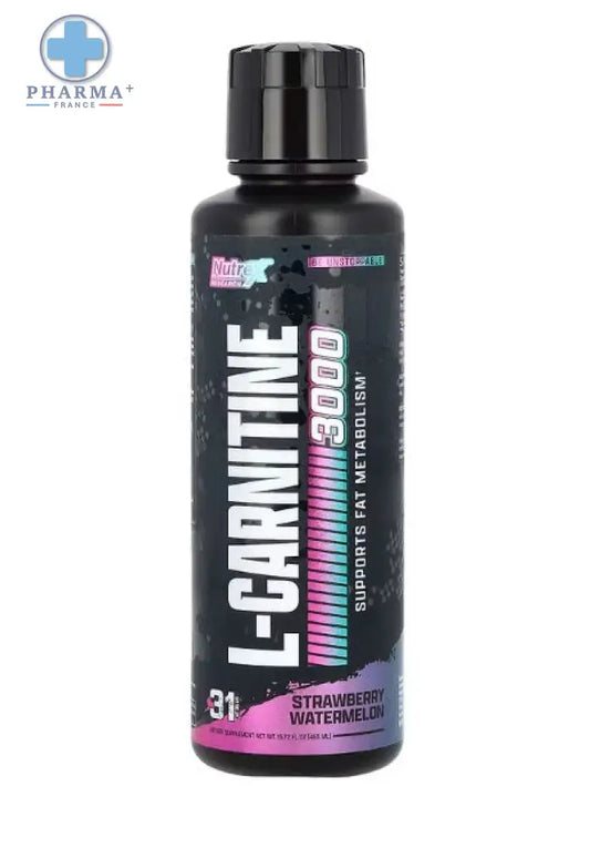 Bouteille noire en plastique nutrex complément sportif l-carnitine 3000 saveur strawberry watermelon avec étiquette colorée