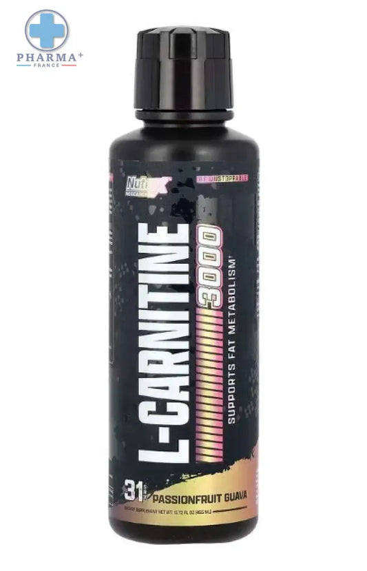 Bouteille noire en plastique de nutrex complément sportif l-carnitine passionfruit guava 473 ml avec étiquette noire rose blanche et or