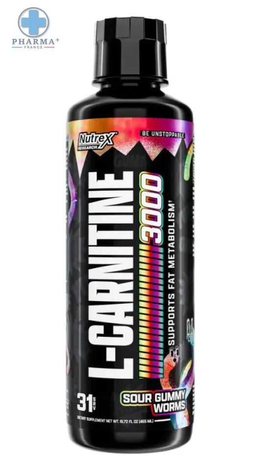 Bouteille noire de nutrex research l-carnitine 3000 goût sour gummy worms complément brûle-graisse 473 ml
