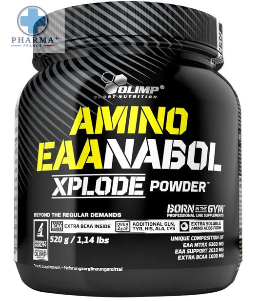 Bocal noir olimp nutrition amino eaa nabol xplode en poudre avec couvercle rayé noir et blanc pour complément sportif