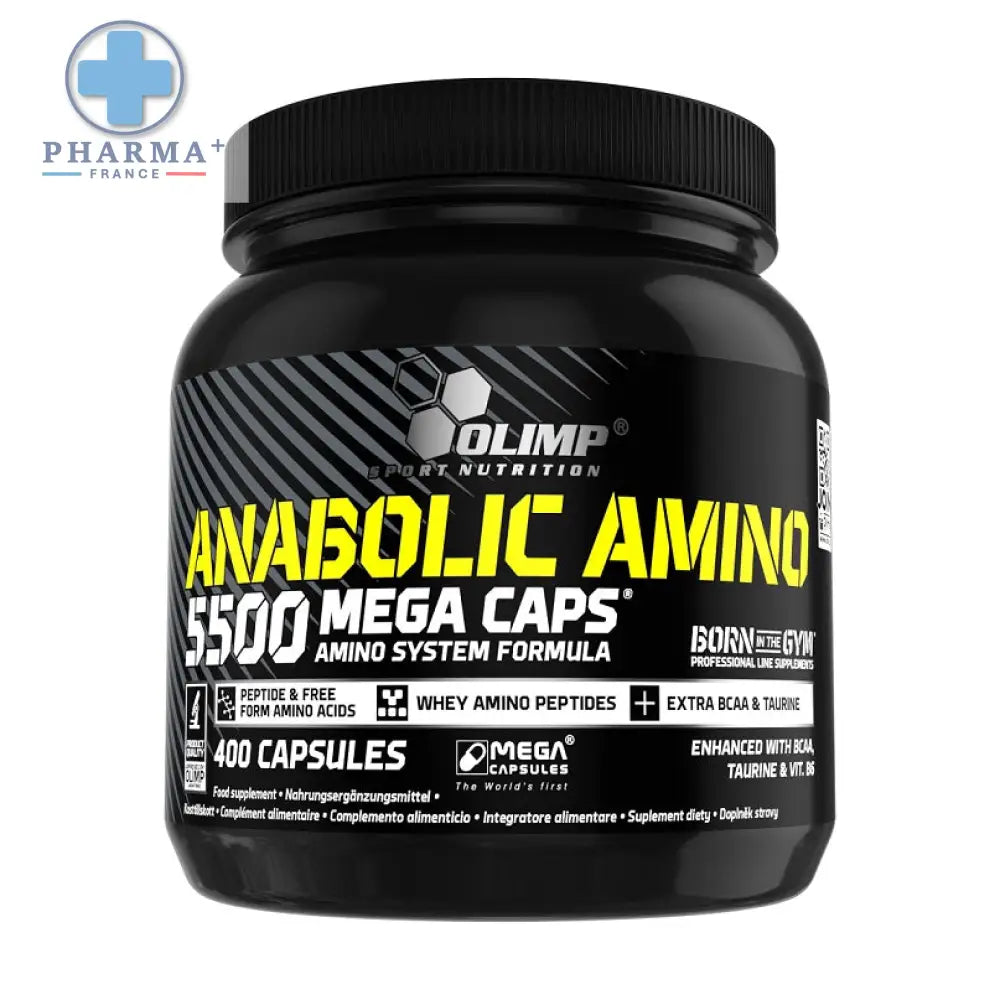 Black plastic container of olimp nutrition anabolic amino 5500 mega caps with yellow white label and hexagonal logo
