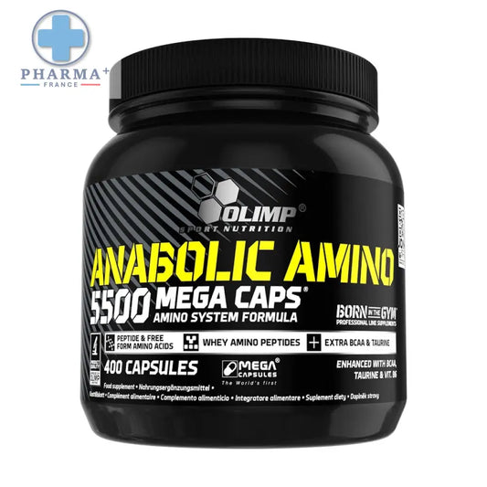 Black plastic container of olimp nutrition anabolic amino 5500 mega caps with yellow white label and hexagonal logo