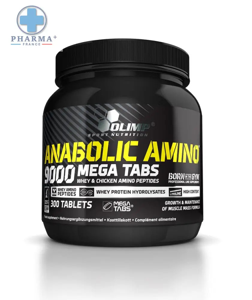 Black plastic container of olimp nutrition anabolic amino 9000 mega tabs with yellow white labeling and hexagonal logo