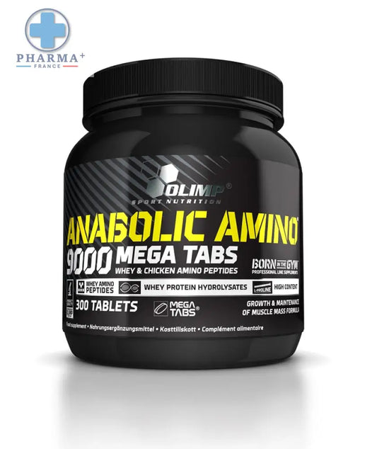 Black plastic container of olimp nutrition anabolic amino 9000 mega tabs with yellow white labeling and hexagonal logo