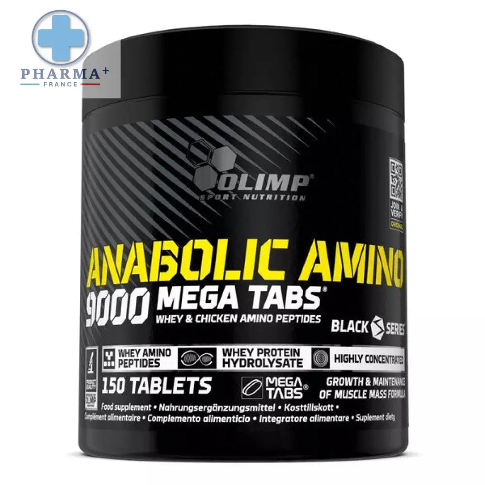 Black cylindrical container of olimp nutrition anabolic amino 9000 méga comprimés with bold yellow and white text