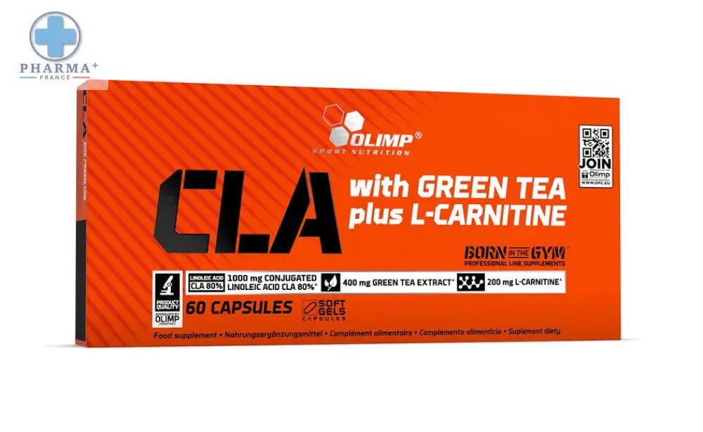 Boîte orange vif de olimp nutrition cla avec thé vert et l-carnitine 60 capsules avec logo hexagonal noir