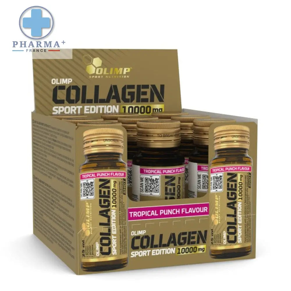 Bouteilles en verre doré olimp nutrition collagène sport edition tropical punch 10000 mg pour usage sportif