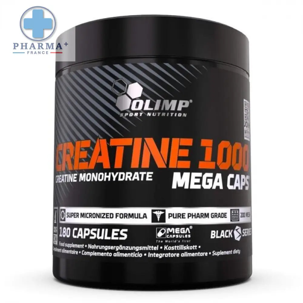 Contenant cylindrique noir de olimp nutrition créatine 1000 mega caps avec texte orange et blanc sur étiquette grise