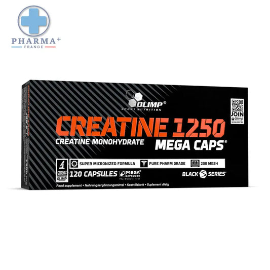 Boîte noir et orange de olimp nutrition créatine 1250 mega caps complément en 120 gélules pour nutrition créatine