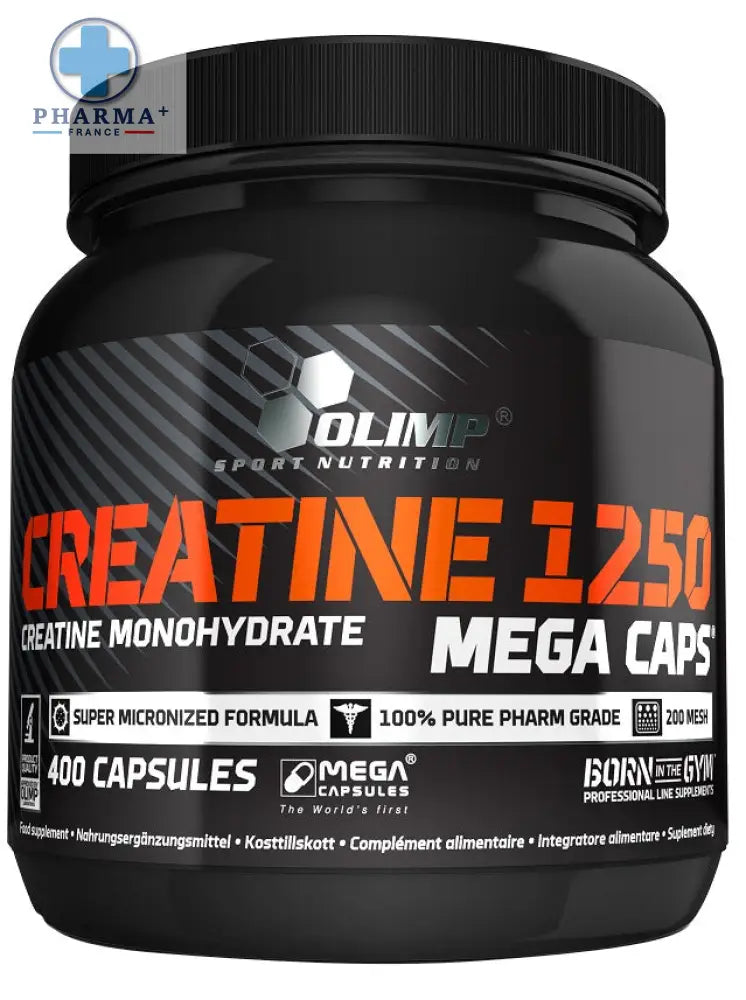 Black plastic container with black ribbed lid labeled olimp nutrition créatine 1250 mega caps 120 capsules