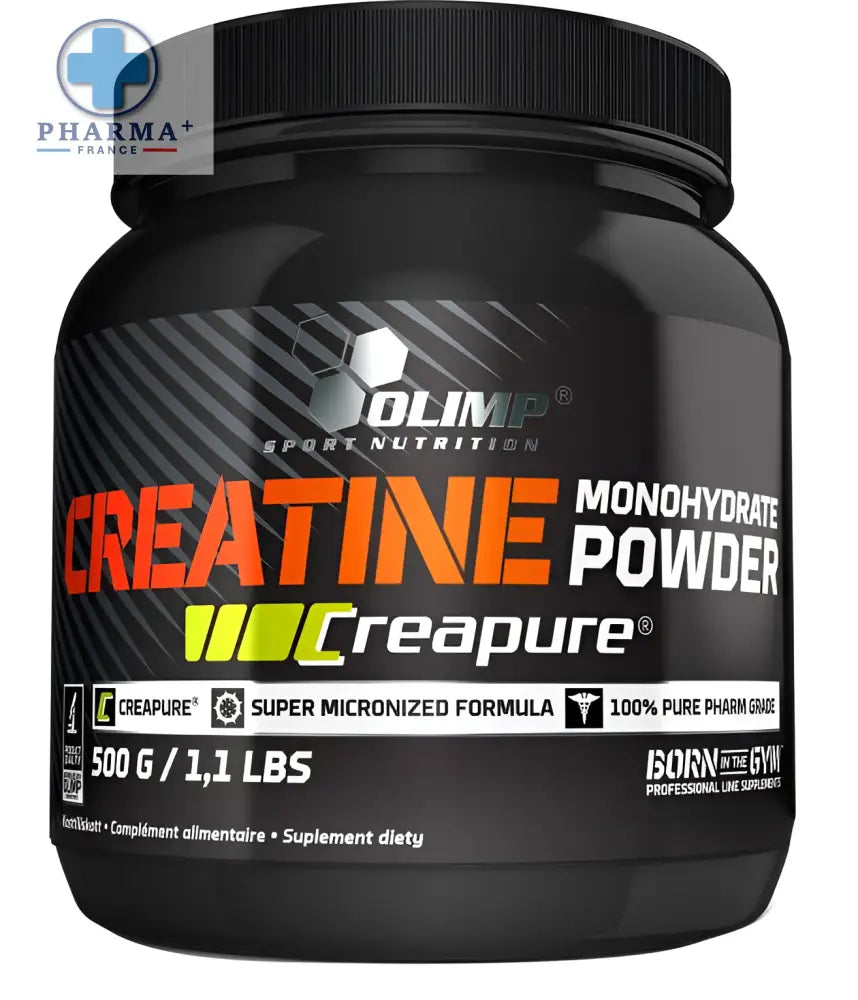 Black container of olimp nutrition créatine monohydrate creapure powder with orange and white text on dark label