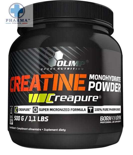 Black container of olimp nutrition créatine monohydrate creapure powder with orange and white text on dark label