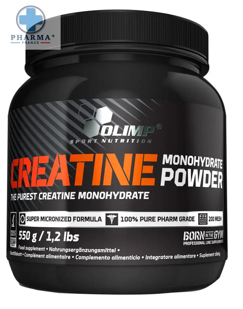 Conteneur noir olimp nutrition créatine monohydrate en poudre 500 g avec étiquette orange et blanche