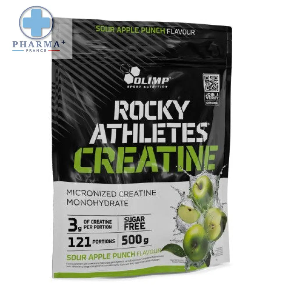 Pochette noire et verte de créatine monohydrate olimp nutrition avec saveur sour apple punch pour sportifs rocky athletes