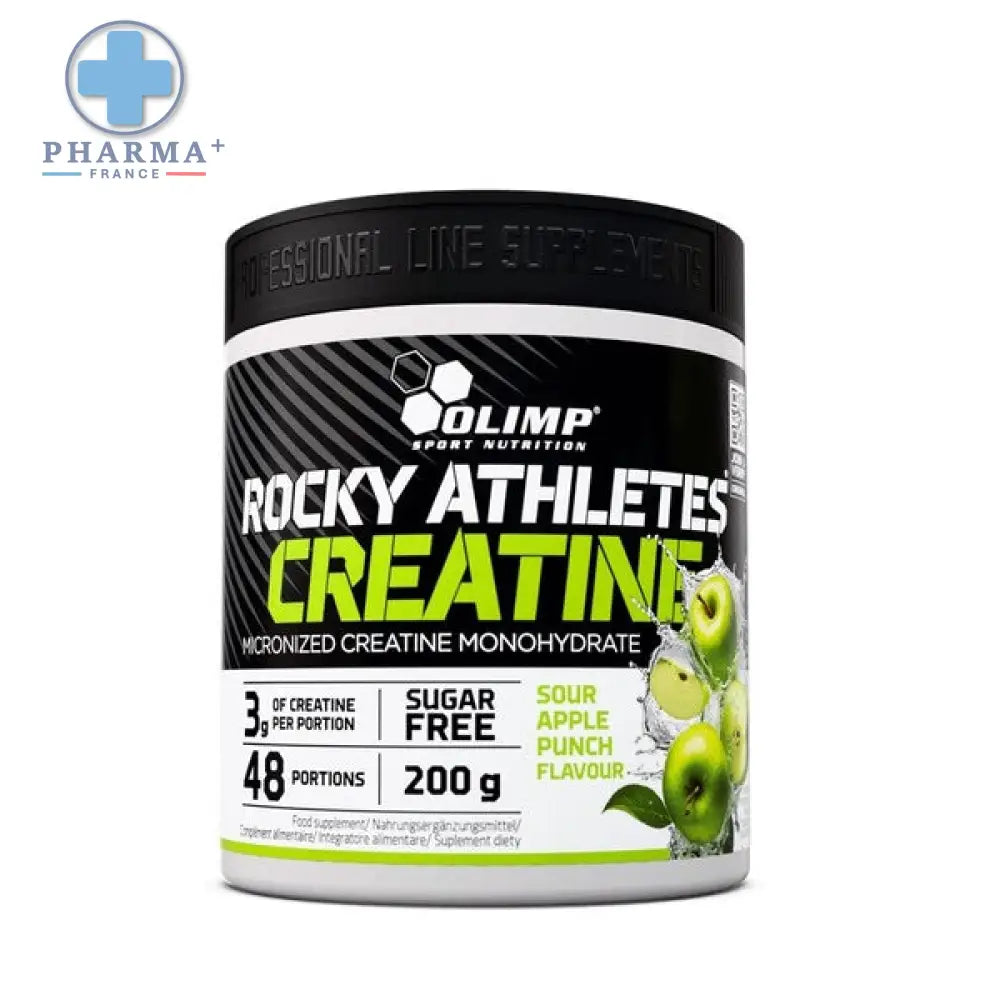 Un récipient noir et blanc élégant de créatine olimp sport nutrition rocky athletes avec une étiquette verte et images de sour apple punch
