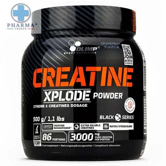 Black plastic container of olimp nutrition créatine xplode poudre performance 500 g with orange and white labeling