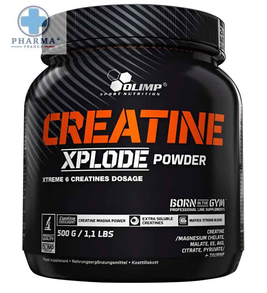 Conteneur noir et orange de poudre olimp nutrition créatine xplode performance 500 g avec couvercle texturé