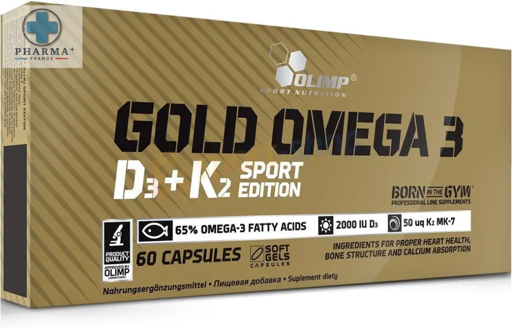 Boîte dorée olimp nutrition gold oméga 3 d3 k2 sport 60 capsules avec texte noir et blanc motif rayé diagonal