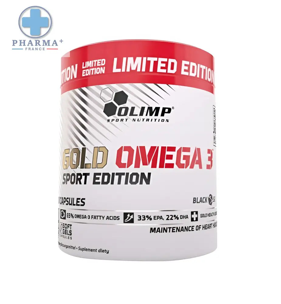 Bouteille cylindrique blanche et rouge de olimp nutrition gold omega 3 sport edition complément alimentaire 120 capsules