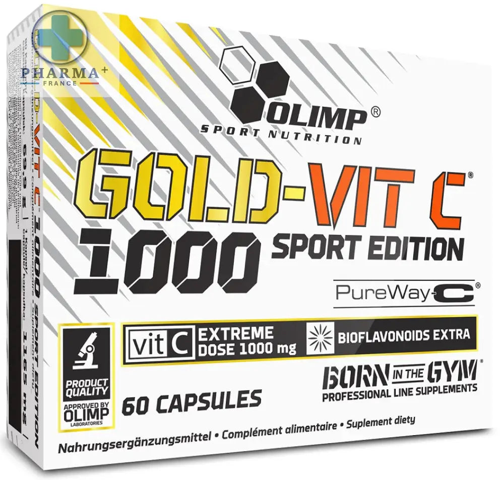 Boîte de supplément olimp nutrition gold-vit c 1000 sport edition 60 gélules avec lettrage jaune et noir sur fond blanc