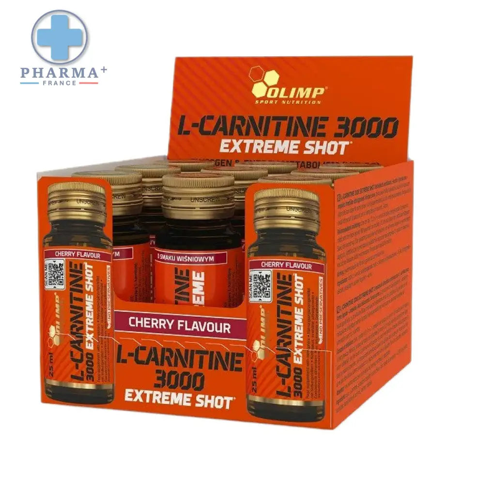 Boîte orange contenant plusieurs ampoules en verre de l-carnitine 3000 extreme shot cerise de olimp nutrition
