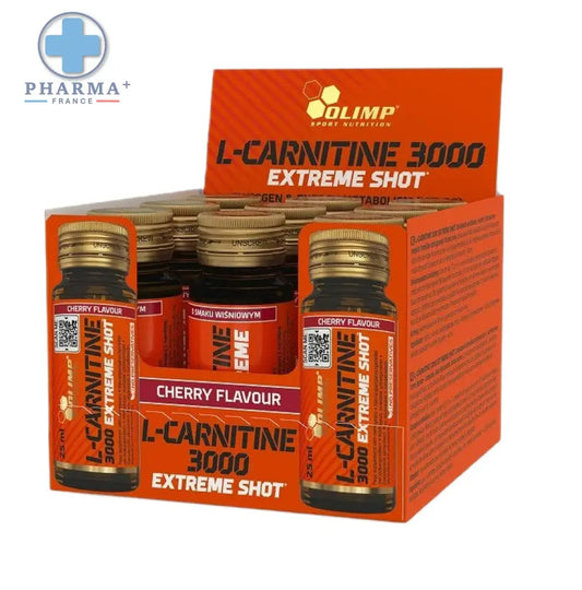 Boîte orange contenant plusieurs ampoules en verre de l-carnitine 3000 extreme shot cerise de olimp nutrition