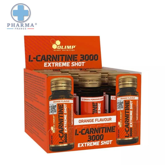 Bouteille claire avec bouchon et étiquette or contenant olimp nutrition l-carnitine 3000 shot énergisant orange 25 ml