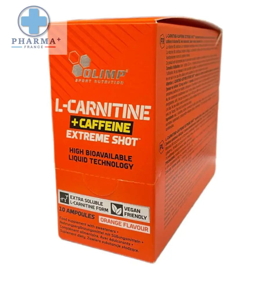 Boîte orange vif de olimp nutrition l carnitine caffeine extreme shot contenant 10 ampoules saveur orange