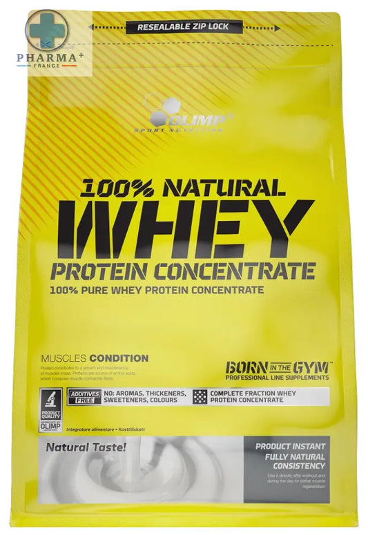 Bright yellow pouch of olimp nutrition natural whey protéine concentrate 100 naturelle with bold black and white text
