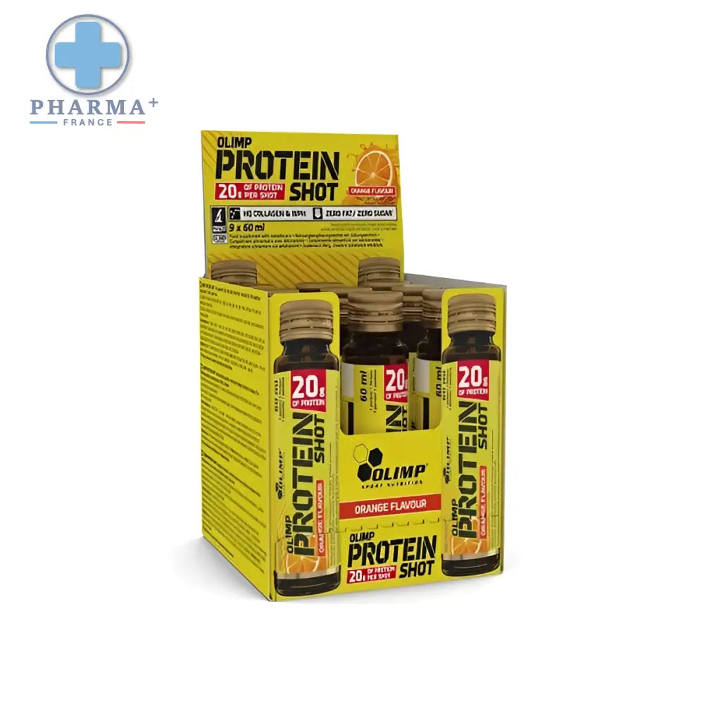 Boîte jaune vif contenant neuf petites bouteilles en verre du shot nutrition protéine olimp nutrition arôme orange