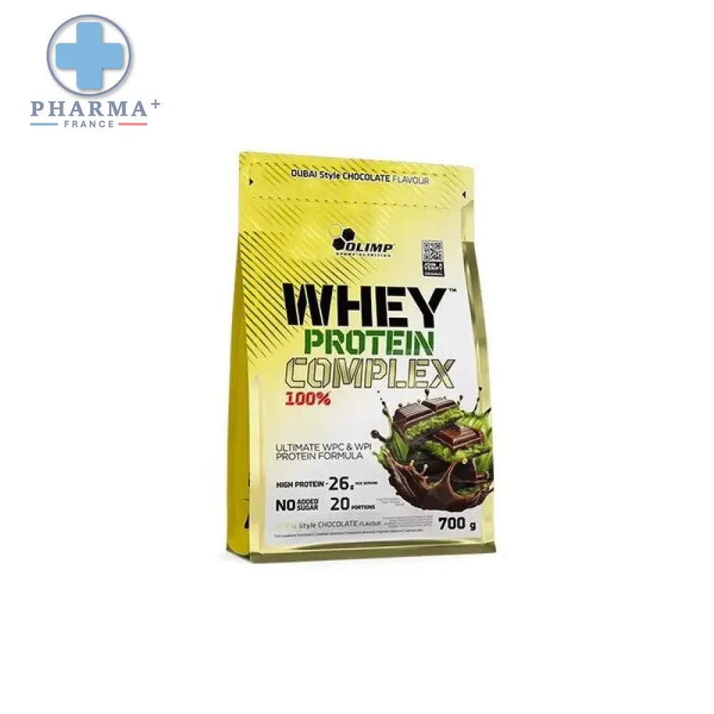 Sachet jaune et blanc de protéine whey olimp nutrition saveur dubai style chocolate 700 g