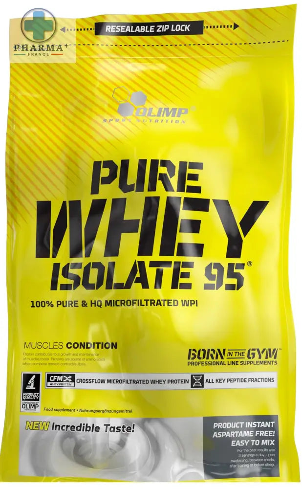 Bright yellow bag of olimp nutrition pure whey isolate 95 protein powder with black text and resealable zip lock 600 g
