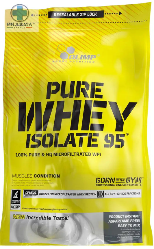 Bright yellow bag of olimp nutrition pure whey isolate 95 protein powder with black text and resealable zip lock 600 g