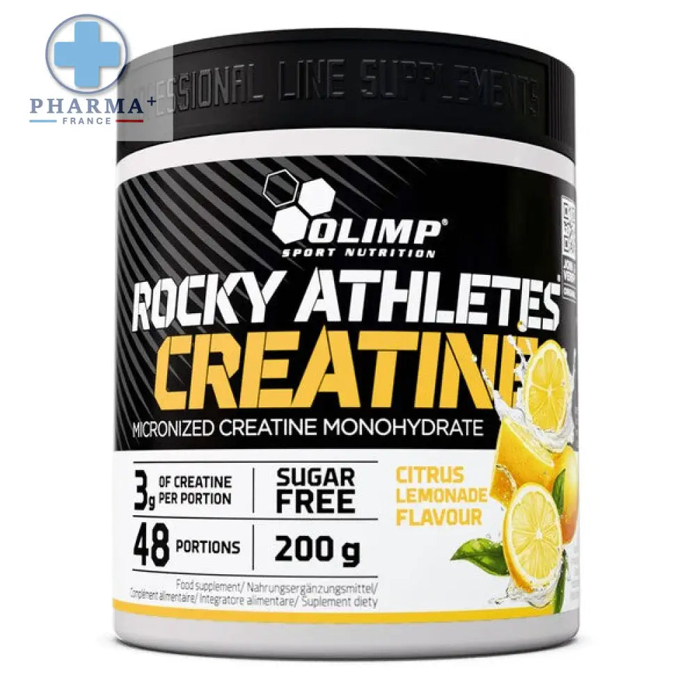 Cylindrical black and white container with yellow accents labeled olimp nutrition rocky athletes creatine powder 200 g