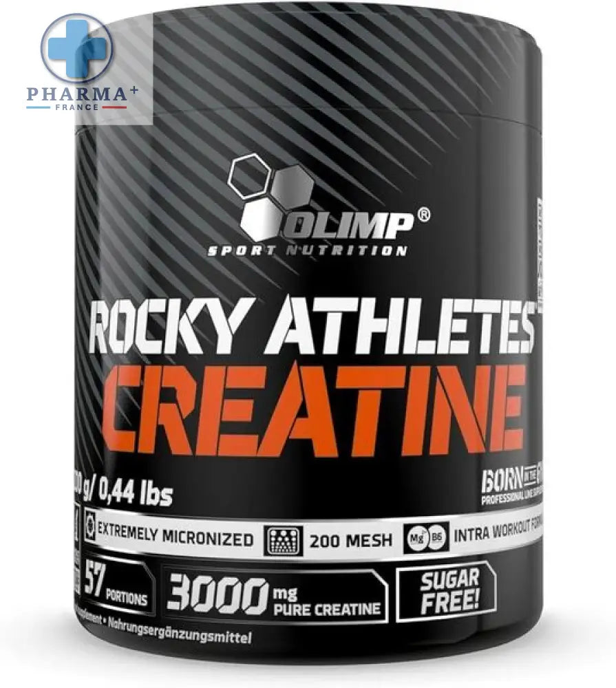 Black cylindrical container of olimp nutrition rocky athletes créatine musculaire en poudre with orange white text and hexagonal branding