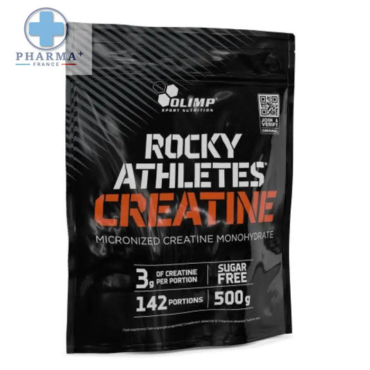 Sachet noir et orange de creatine olimp nutrition rocky avec surface brillante et texture pour athletes 500 g
