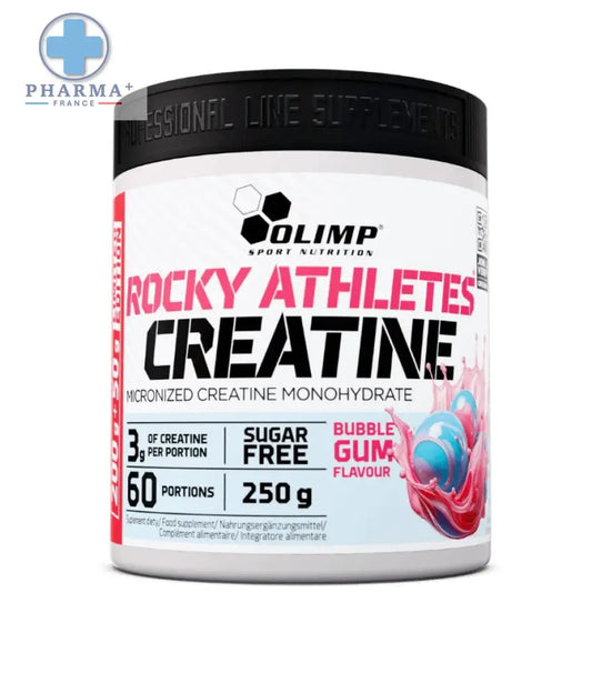 Conteneur blanc et rose de olimp nutrition rocky créatine saveur bubble gum 200 g pour sportifs