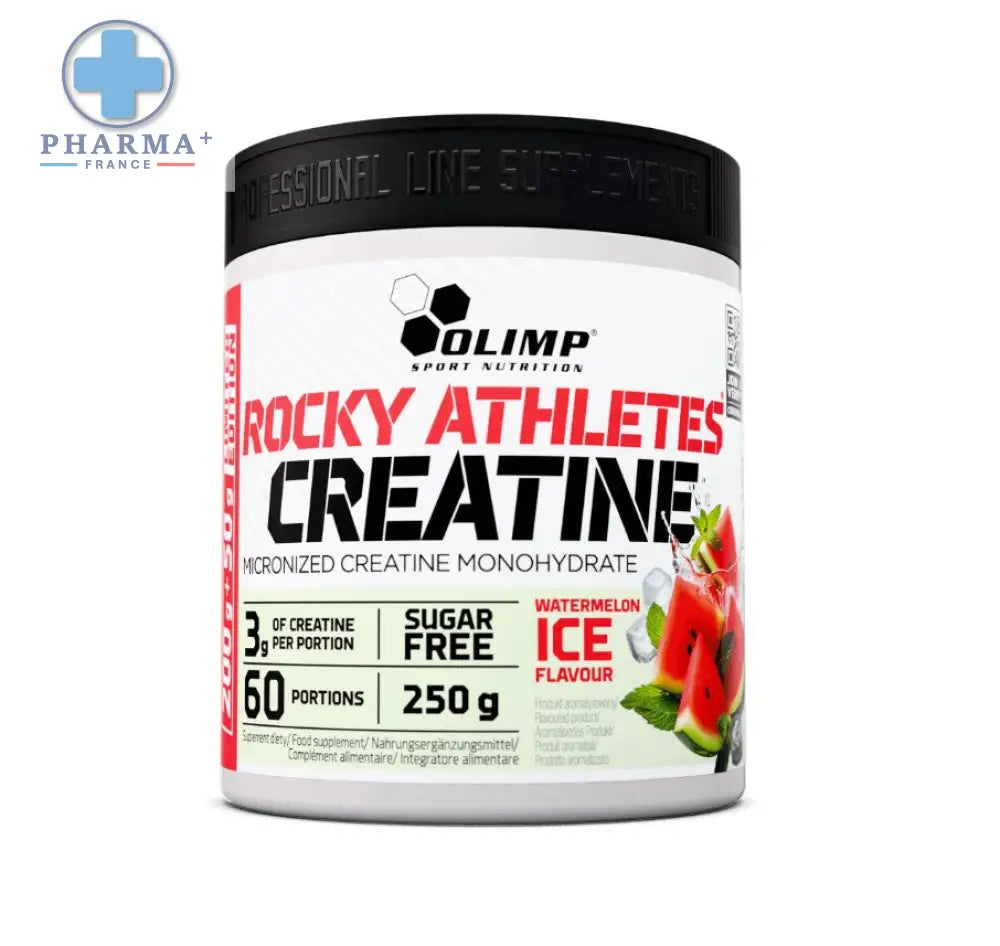 Bocal blanc cylindrique avec couvercle noir olimp nutrition rocky creatine saveur watermelon ice 200 g