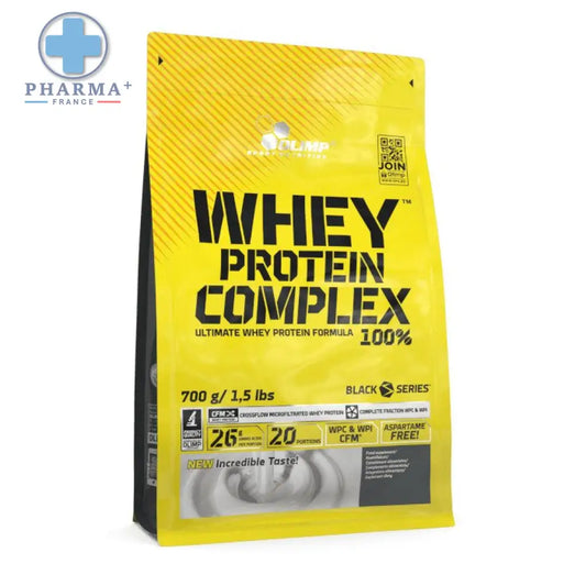 Pochette jaune vif de olimp nutrition whey protein complex black series 700 g au goût chocolat caramel