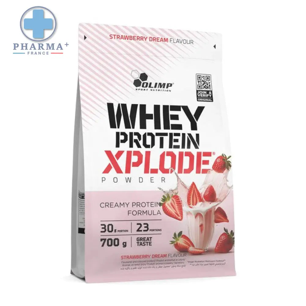 Sac rose et blanc de olimp nutrition whey protein xplode en poudre saveur strawberry dream