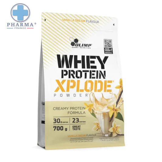 Sachet de poudre de whey protéine vanilla dream olimp nutrition beige avec motifs floraux jaunes 700 g