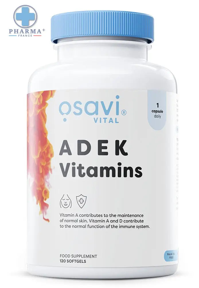 Bouteille blanche en plastique osavi adek vitamins avec capsule bleue ribbée et 120 capsules molles addek vitamines