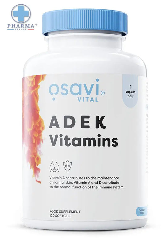 Bouteille blanche en plastique osavi adek vitamins avec capsule bleue ribbée et 120 capsules molles addek vitamines