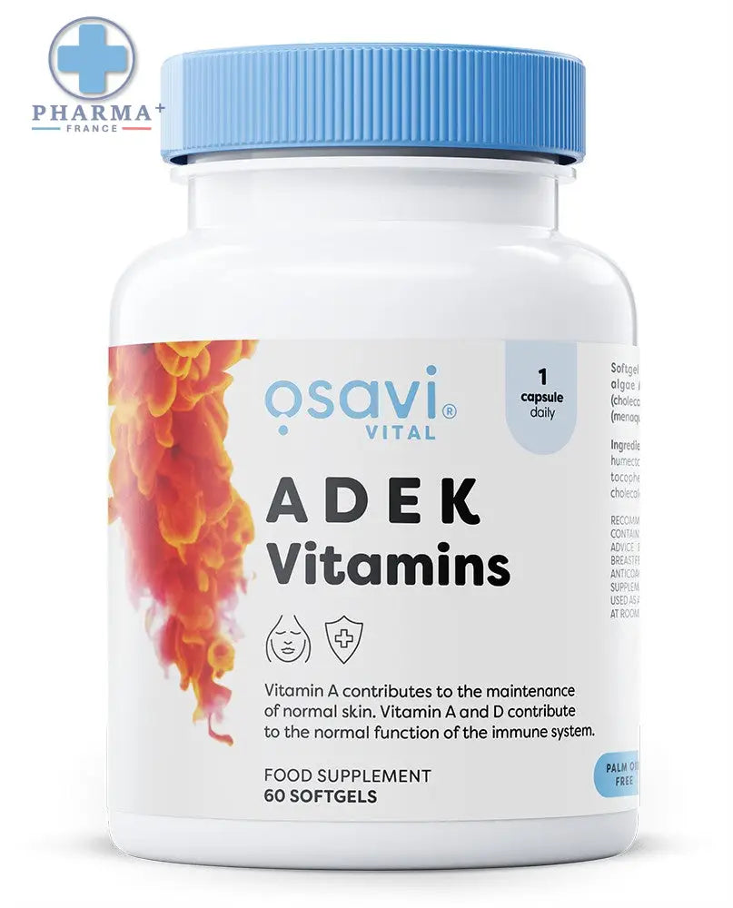 Bouteille blanche en plastique avec capsule bleue ribbée et étiquette osavi adek vitamines 60 capsules molles