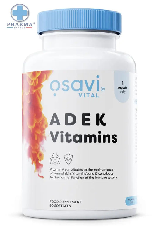 Bouteille blanche en plastique avec capsules molles osavi adek vitamins pour complément alimentaire 90 capsules molles