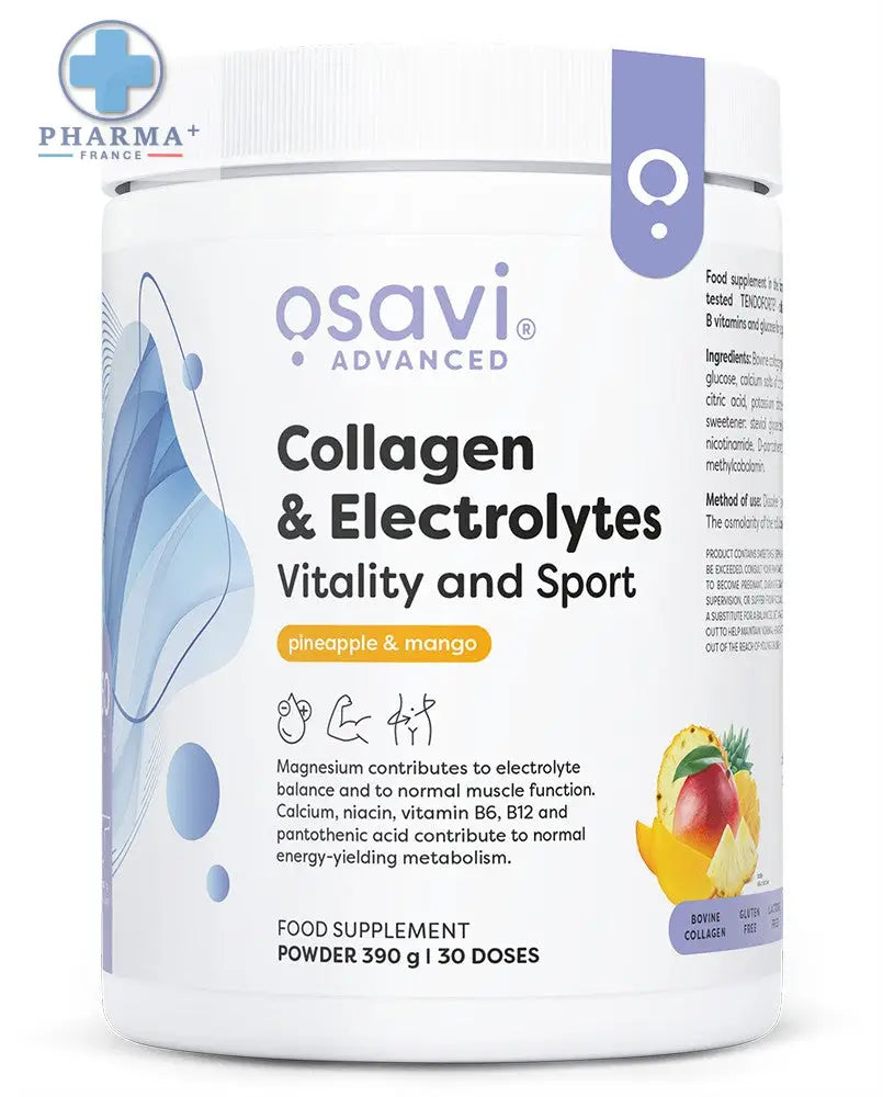 Contenant blanc cylindrique de osavi collagène avancé électrolytes vitality and sport saveur ananas mangue 300 g