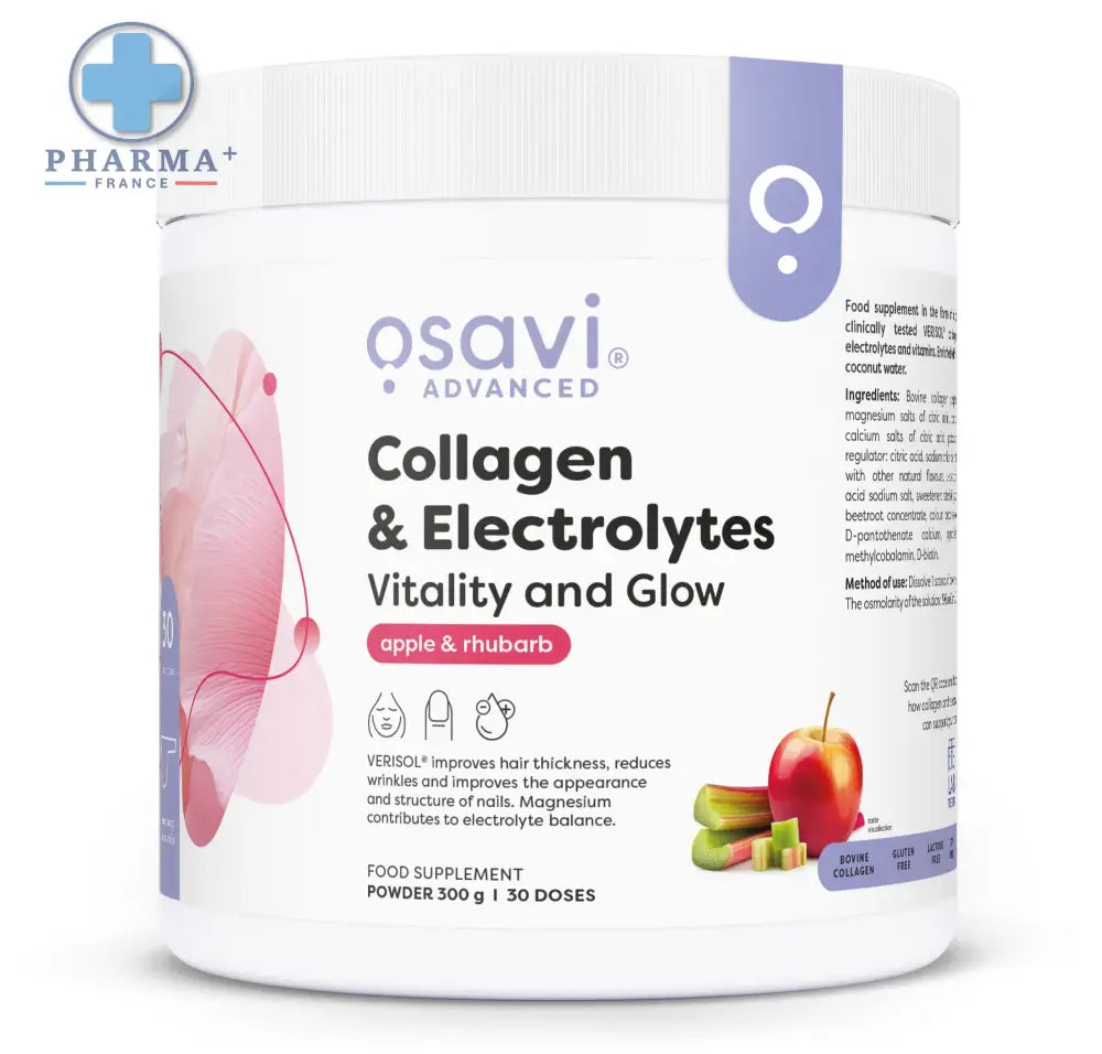 Conteneur cylindrique blanc d osavi collagène électrolytes vitalité et glow saveur pomme et rhubarbe avec étiquette violette