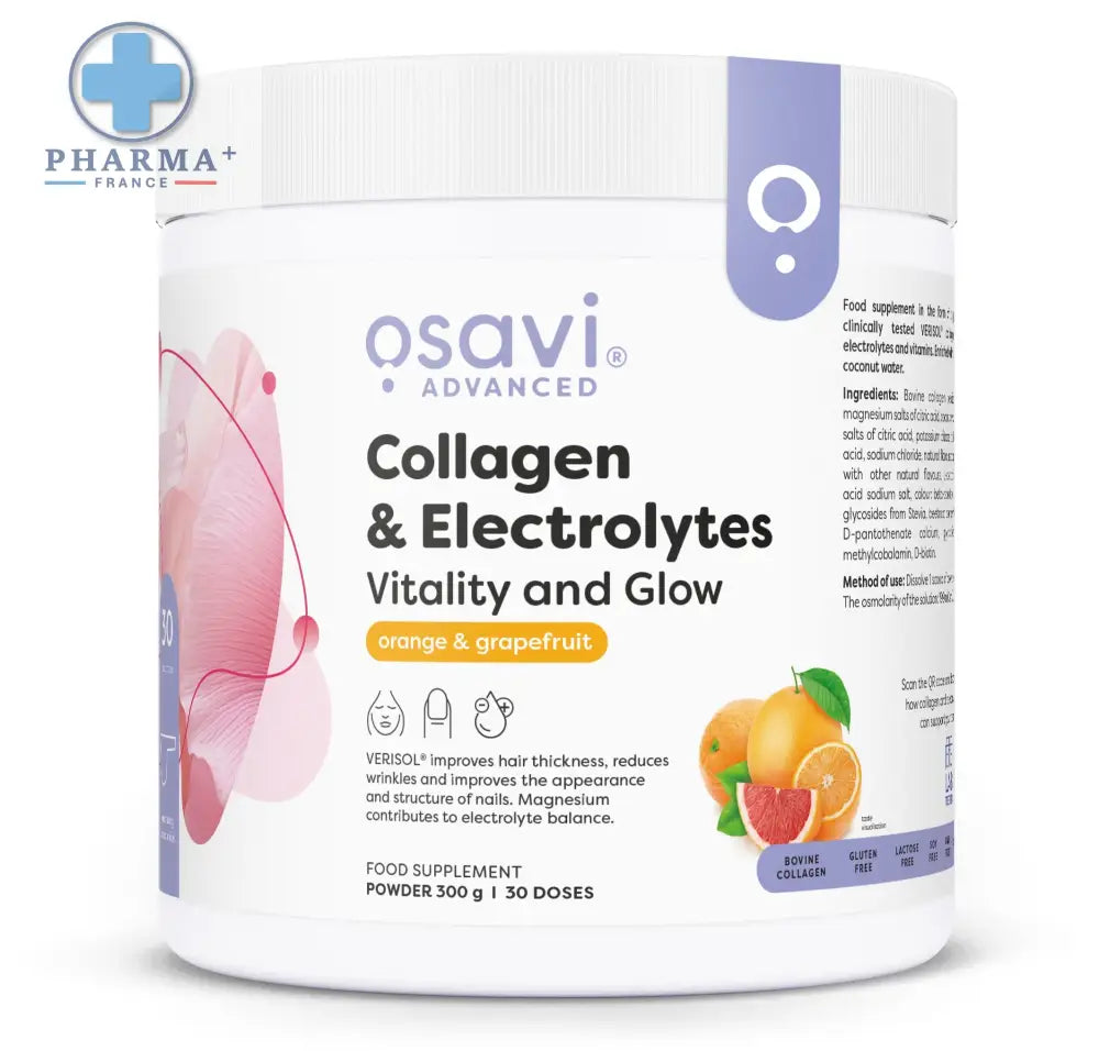 Contenant blanc cylindrique osavi collagène et électrolytes vitality and glow saveur orange pamplemousse avec étiquette fleurie rose