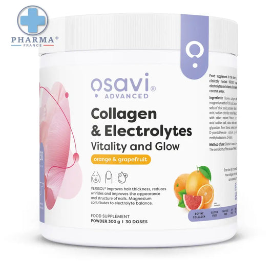 Contenant blanc cylindrique osavi collagène et électrolytes vitality and glow saveur orange pamplemousse avec étiquette fleurie rose