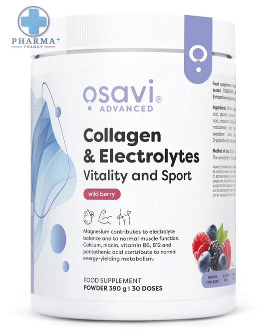 Contenant blanc cylindrique d’osavi collagène et électrolytes vitality and sport 300 g saveur baies sauvages avec étiquette bleue